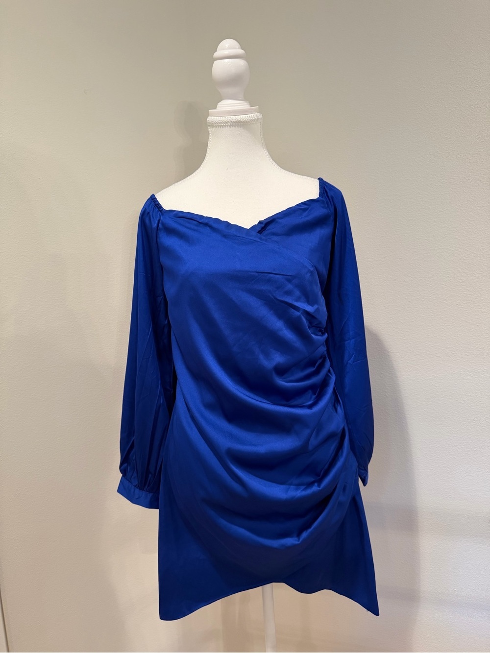 Fashion Nova Off Shoulder Cobalt Satin Wrap-Style Long Sleeve Dress - Picture 2 of 5